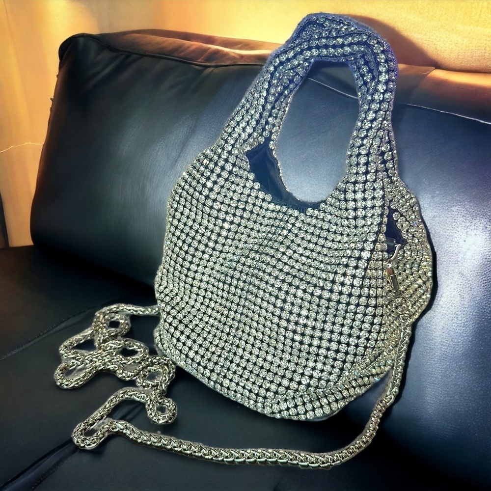 NEW Sparkly Clear Crystal Top Handle Square Bottom Mini Bag w Silver Chain Strap